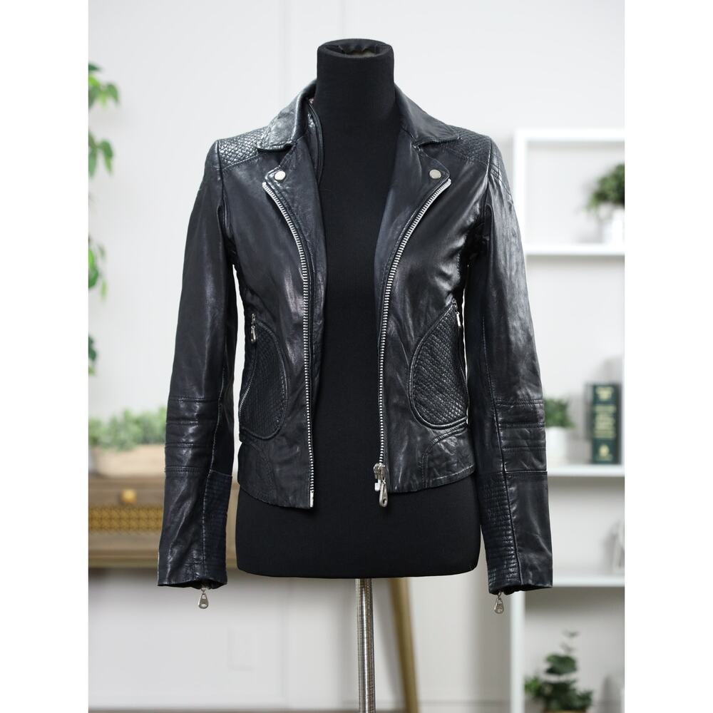 Moto Luxe Biker DOMA 100% Leather Quilted Woven Black Jacket Edgy Chic S - Picture 3 of 16